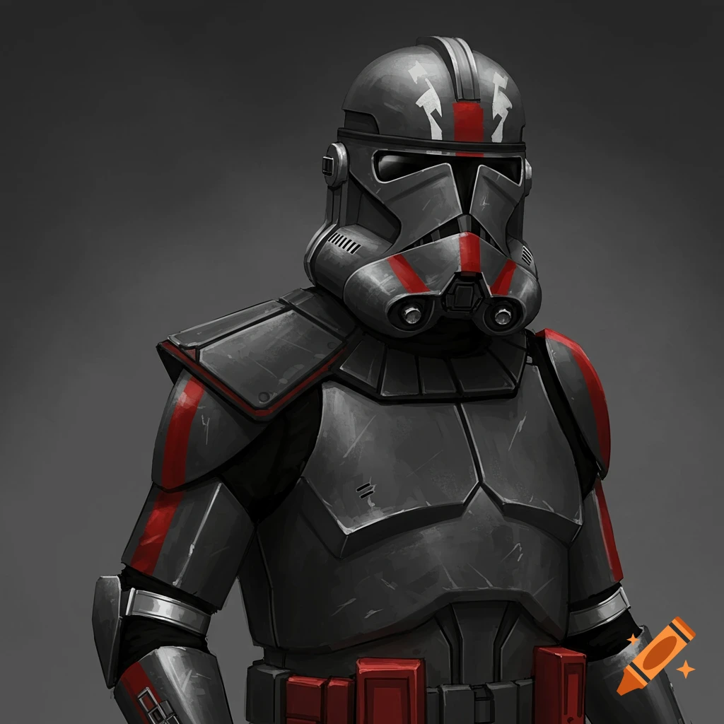 A soldier in dark gray and red sci-fi armor and helmet.
