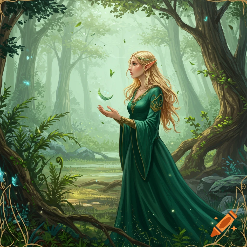 A female elf in a green dress is in a forest, holding a glowing green leaf.