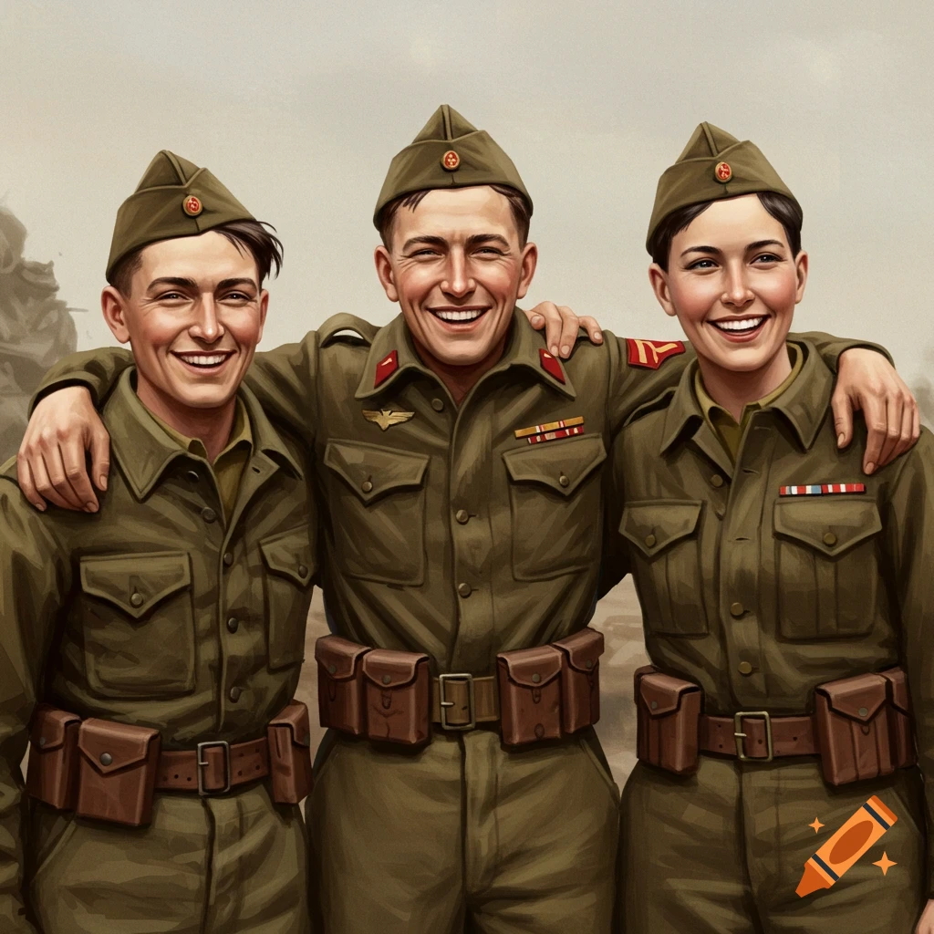 Three smiling WWII soldiers with arms around each other.