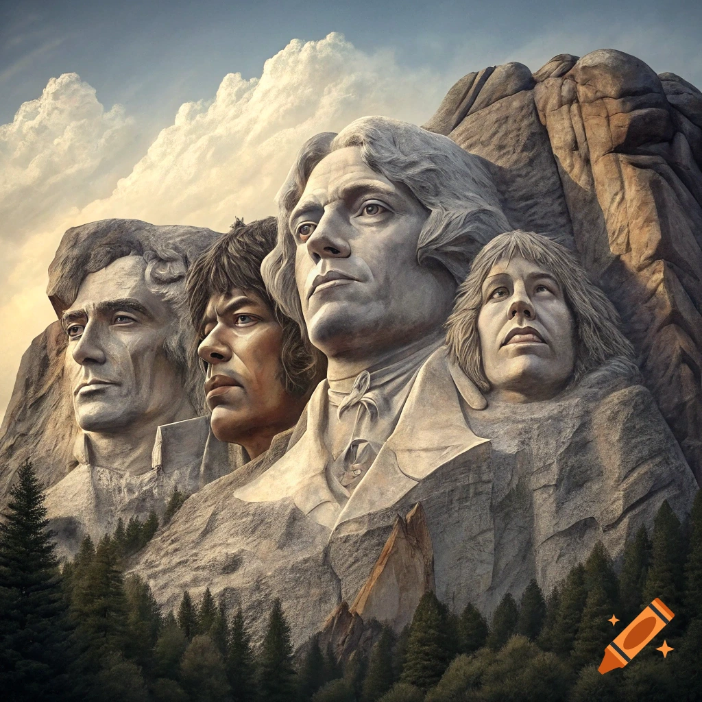 Faces of rock musicians carved into a mountain, similar to Mount Rushmore, with trees and sky.