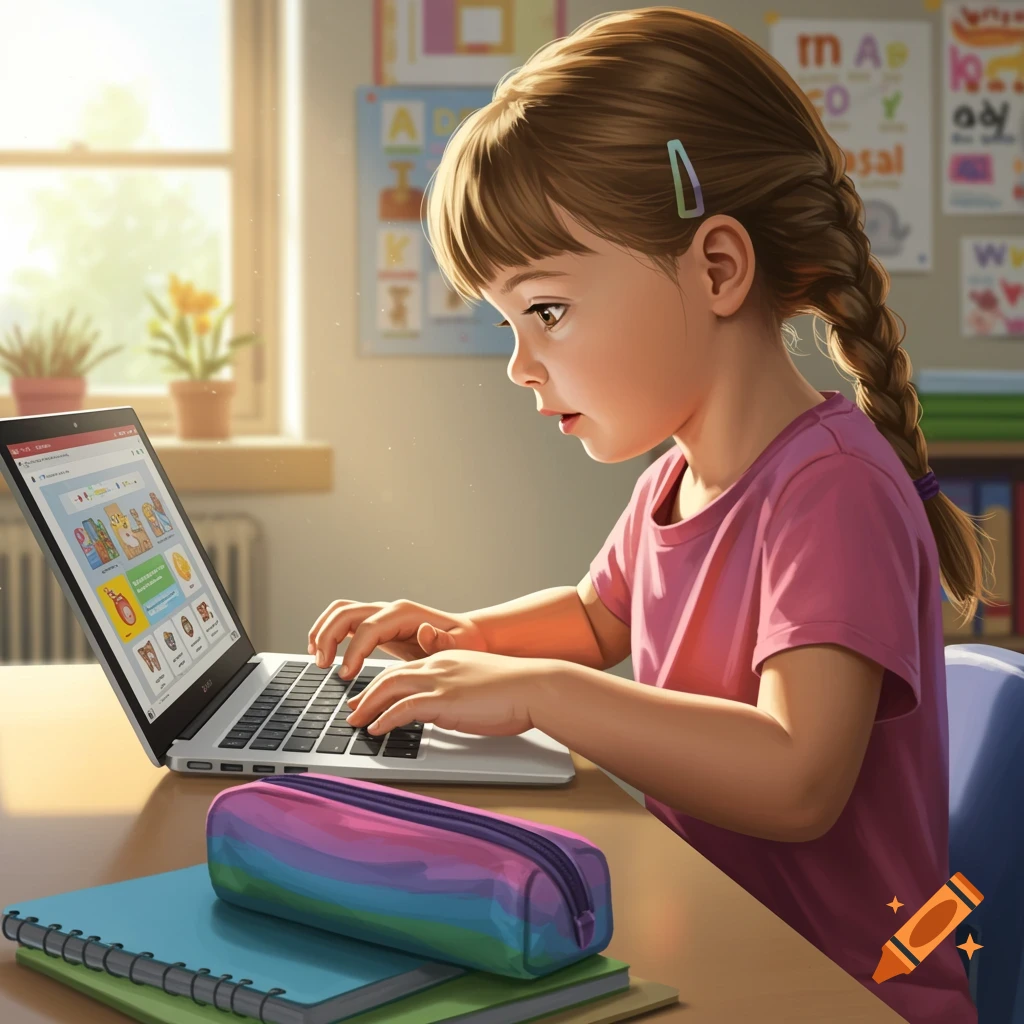 A young girl intently typing on a laptop in a classroom with books and a colorful pencil case on the desk.