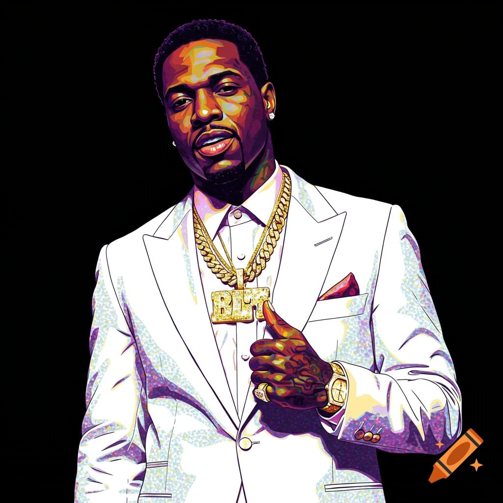 A man in a white suit and gold chains, giving a thumbs up.