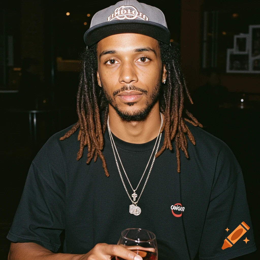 A man with dreadlocks wearing a hat and t-shirt, holding a wine glass in a 2000s style photo.