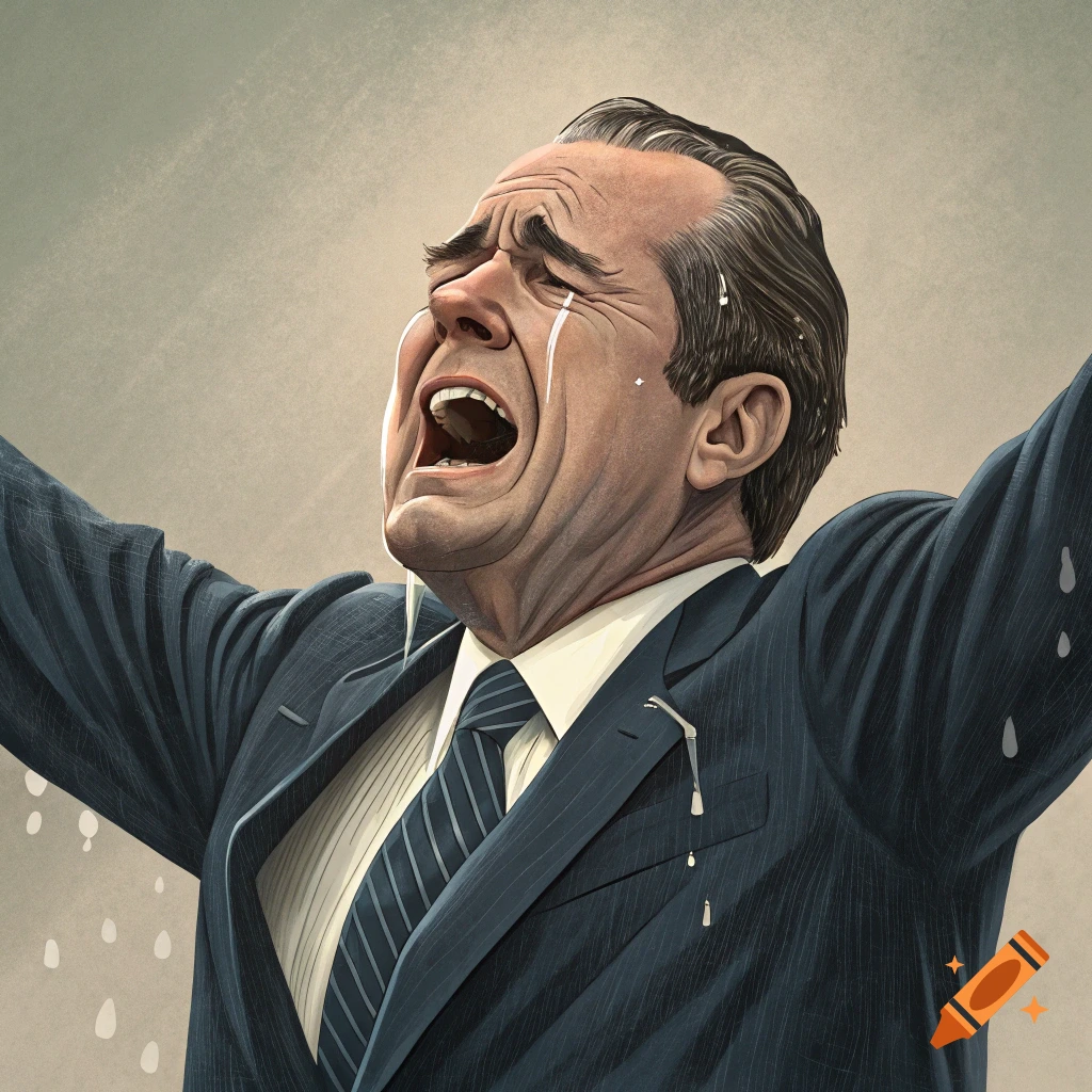 Illustration of a man in a suit, likely Nixon, crying and raising his arms dramatically.