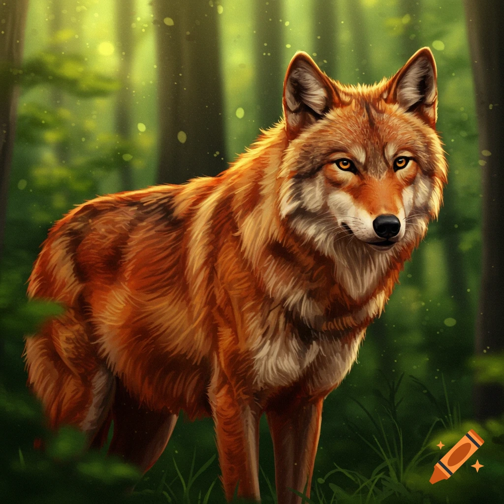 A red wolf stands in a forest.