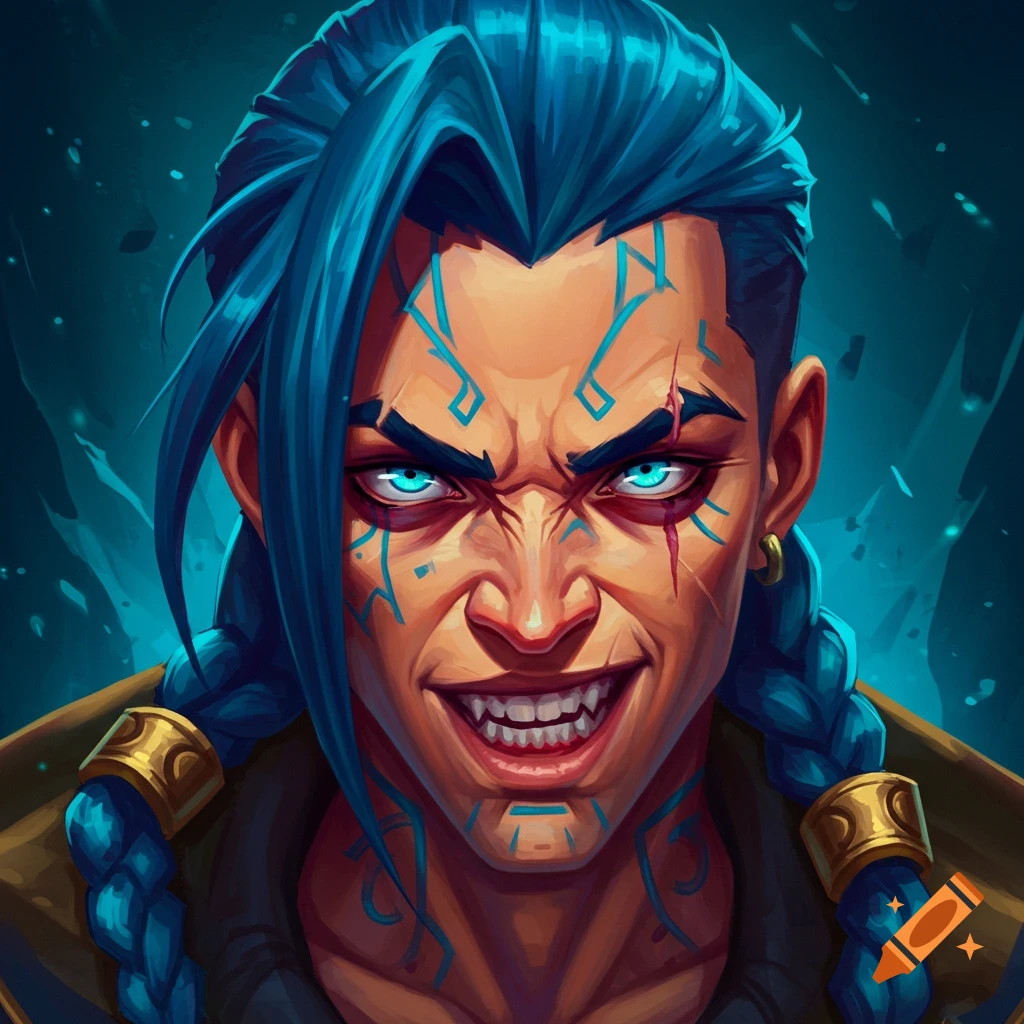 A stylized character portrait with blue hair, sharp teeth, and blue facial tattoos.