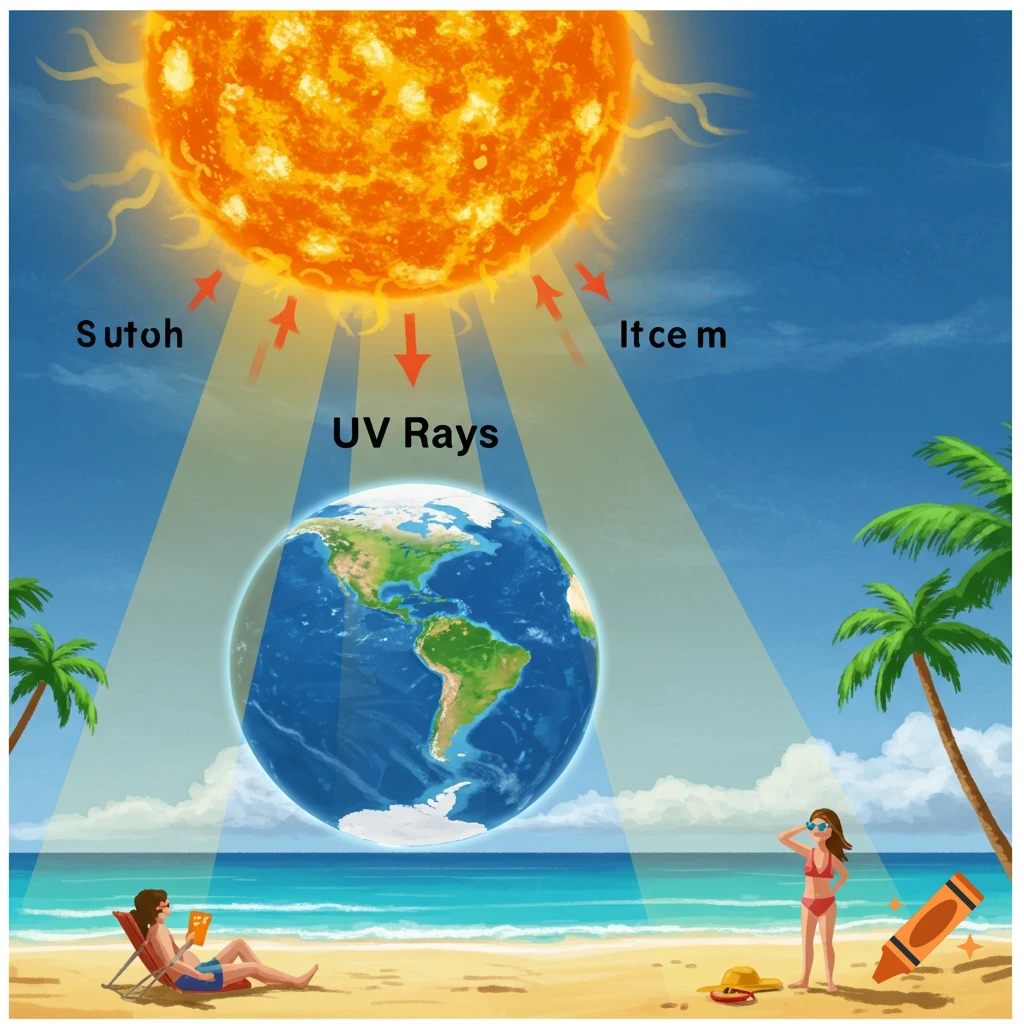 Illustration of the sun shining UV rays on Earth, with people on a beach.