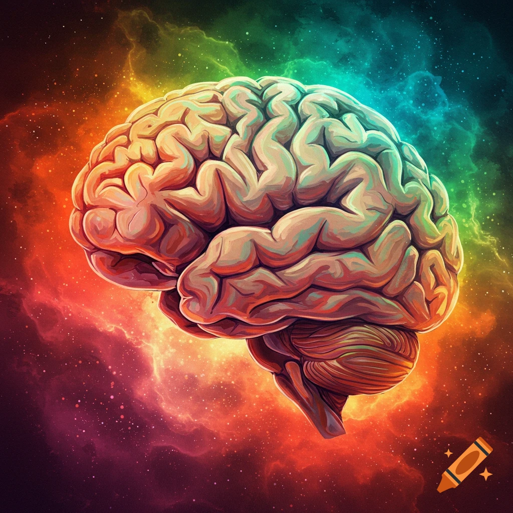 Detailed image of a human brain against a colorful nebula background.