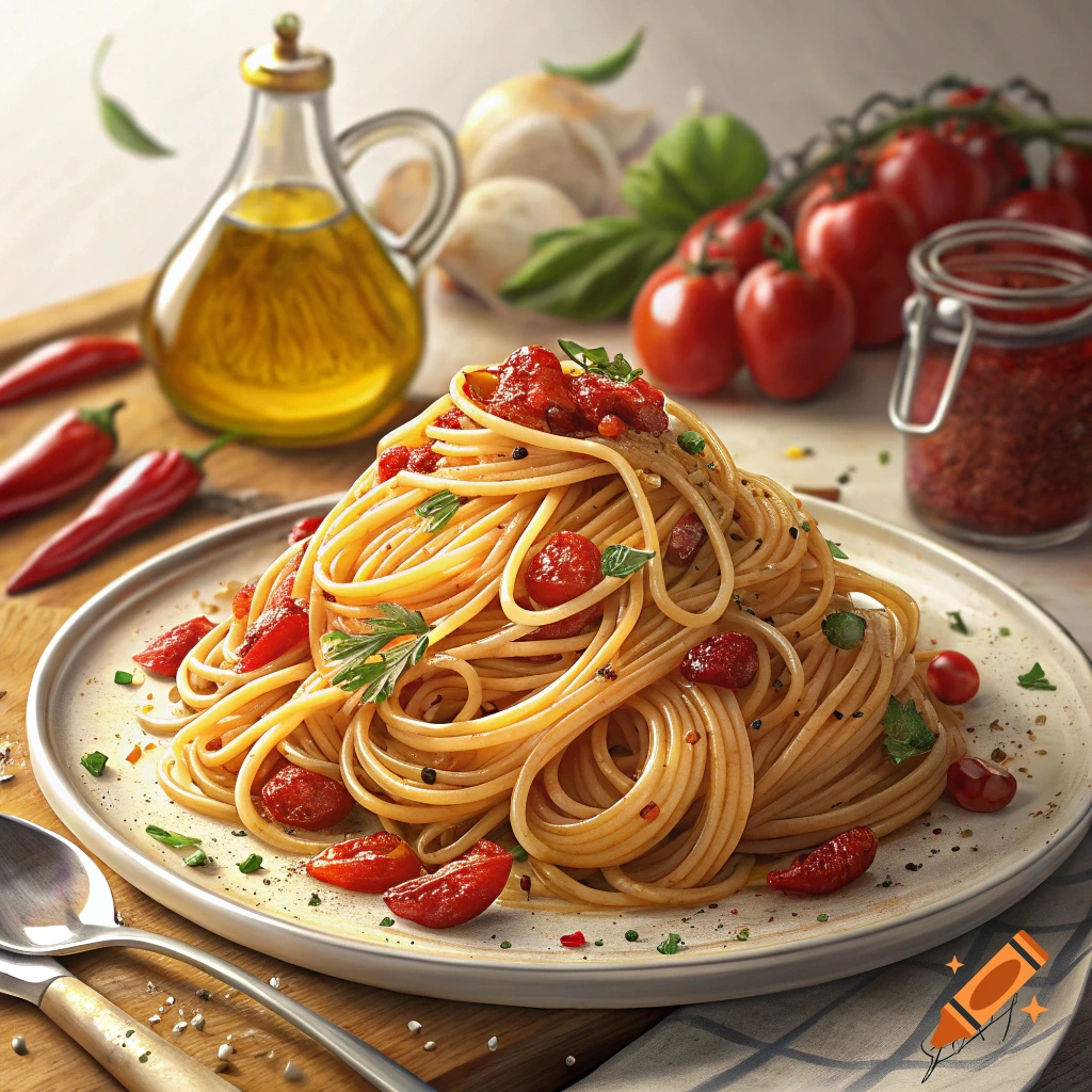 Plate of spaghetti with tomato sauce and herbs in a photorealistic style.