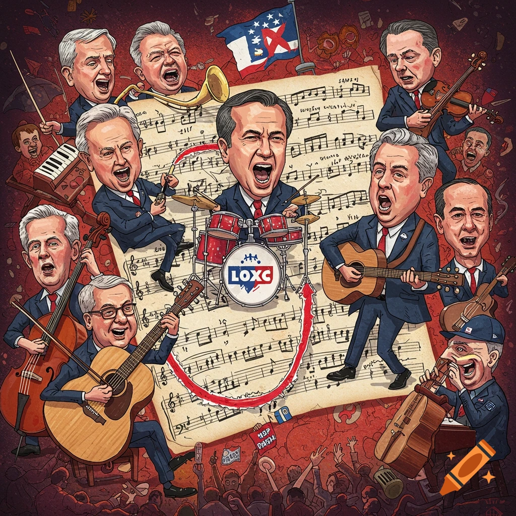 Cartoonish caricatures of political figures playing instruments in a band around sheet music.