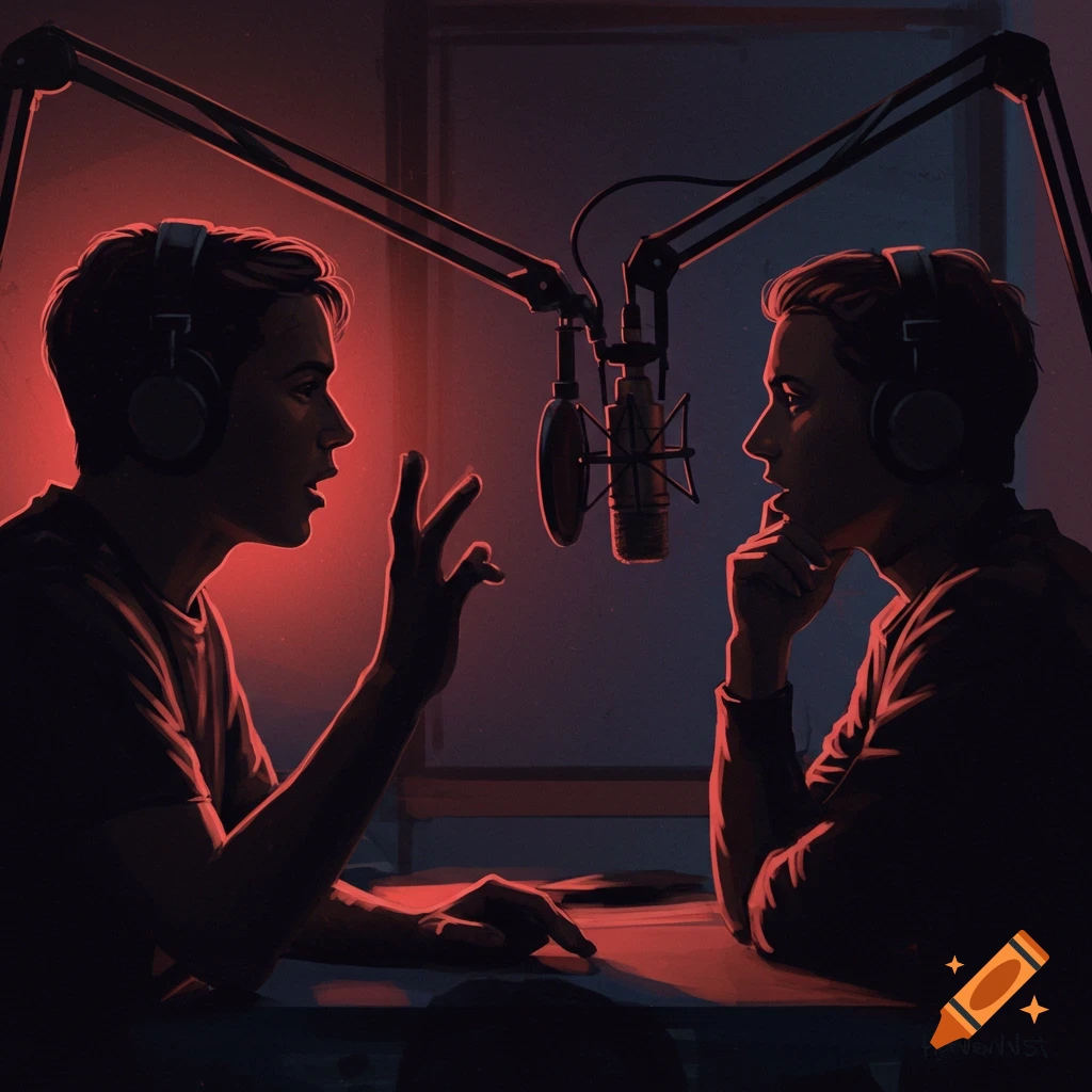 Two people are talking into microphones in a radio studio.