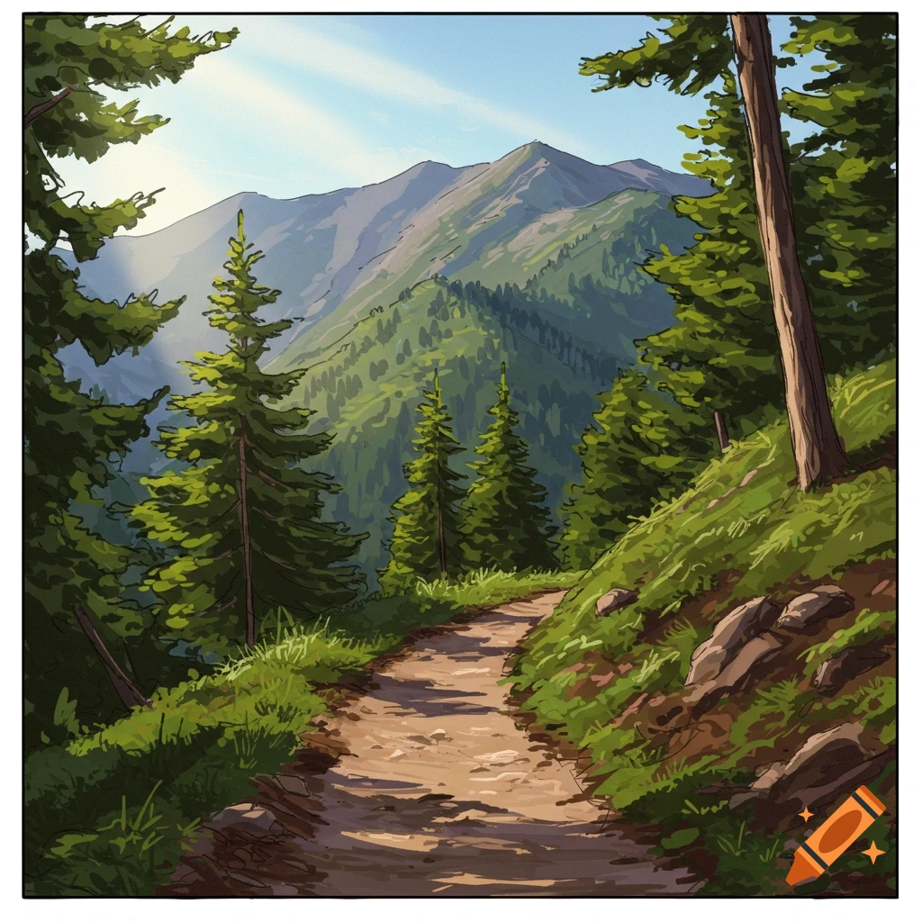 A mountain trail winds through a forest towards a majestic peak.