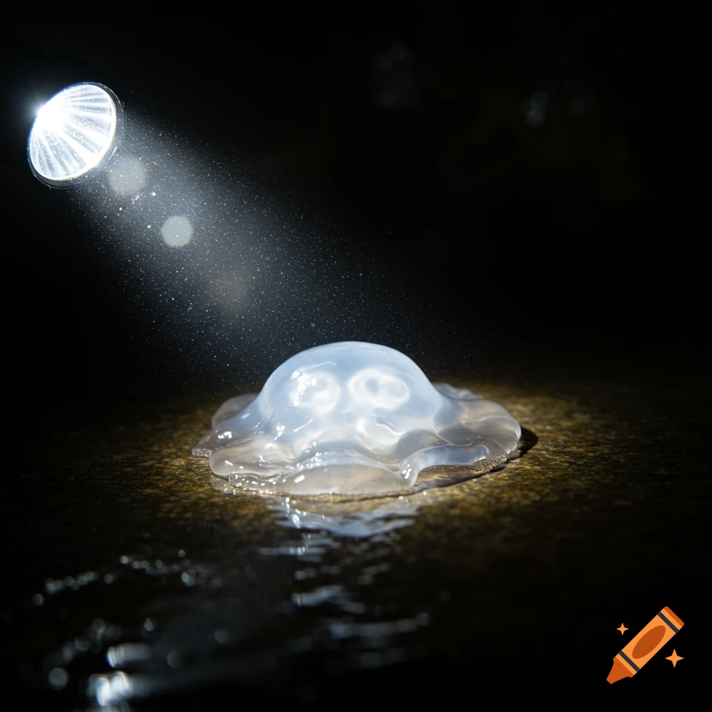 Close-up of a glowing, translucent jelly creature lit by a flashlight beam in the dark.