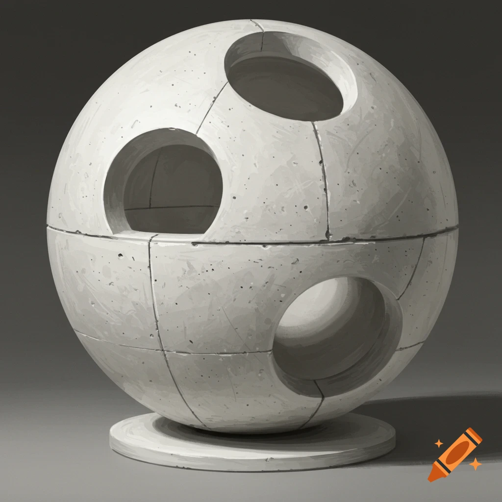 A hollow concrete sphere with circular openings on a round base.