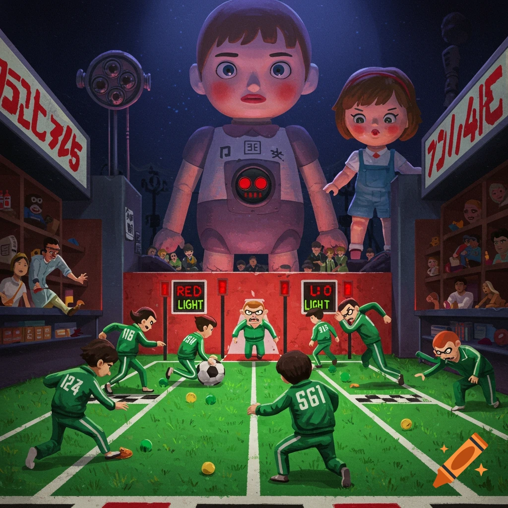 Characters playing the 'Red Light, Green Light' game, featuring a large doll and players in green tracksuits.