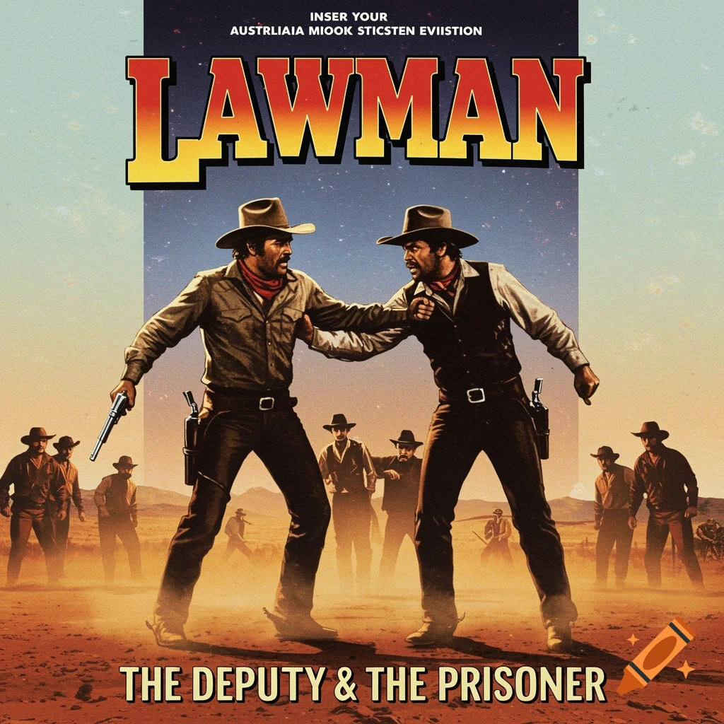 Vintage movie poster of two cowboys brawling in a desert with other cowboys watching. Text reads 'LAWMAN'.