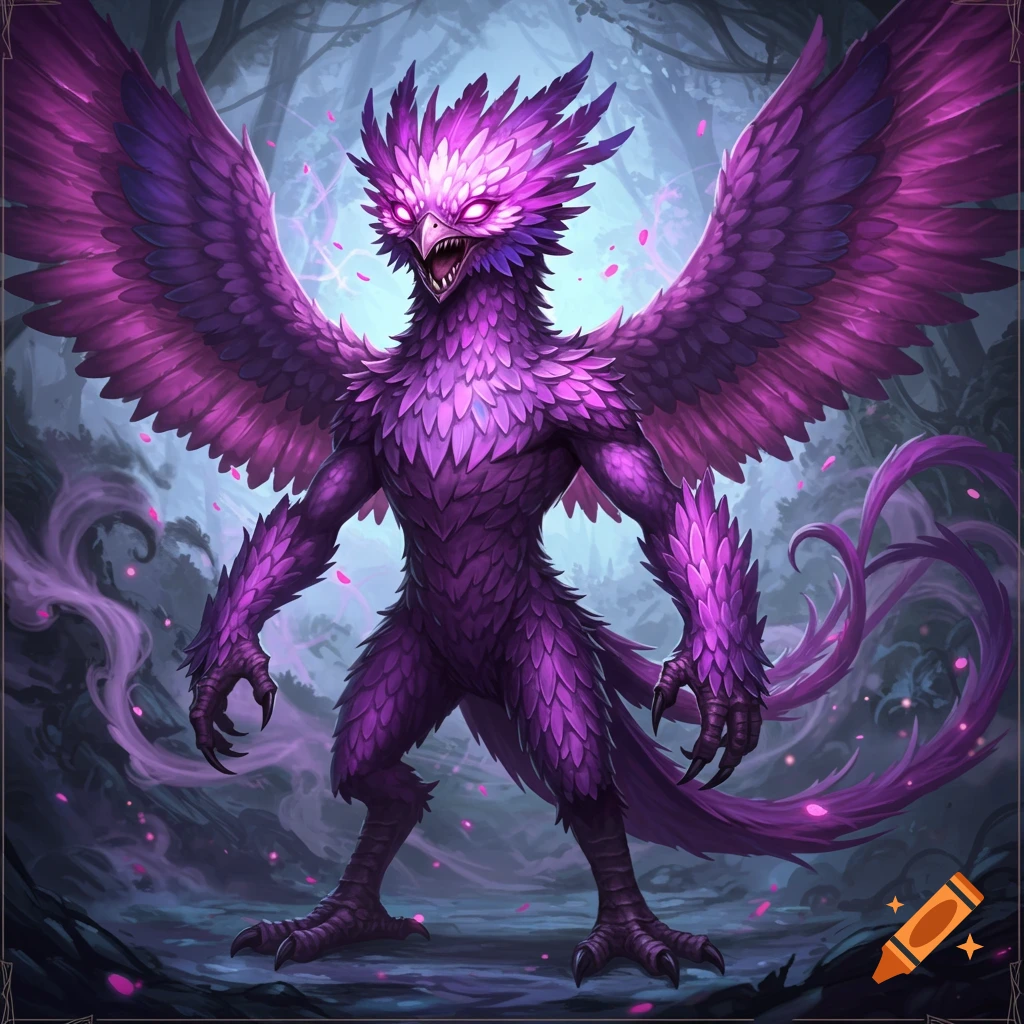 A fierce purple feathered monster with glowing eyes and large wings standing in a dark forest.