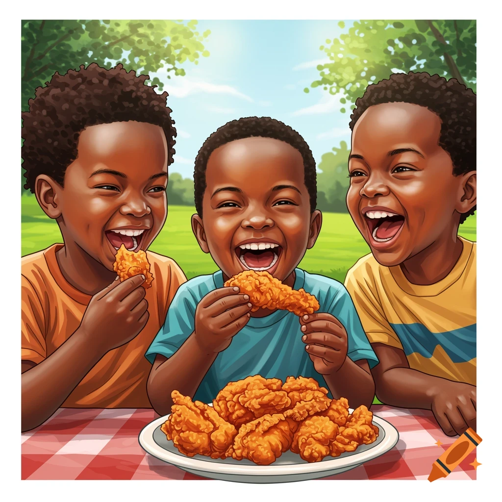 Vibrant scene of three young Black boys happily eating fried chicken at a picnic in a park.