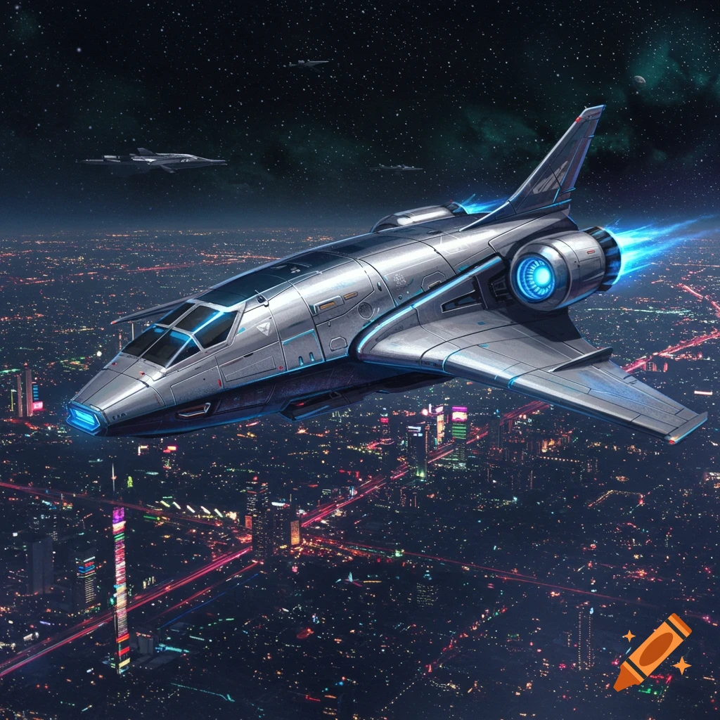 A futuristic spaceship flies over a vibrant city skyline at night with other ships in the distance.