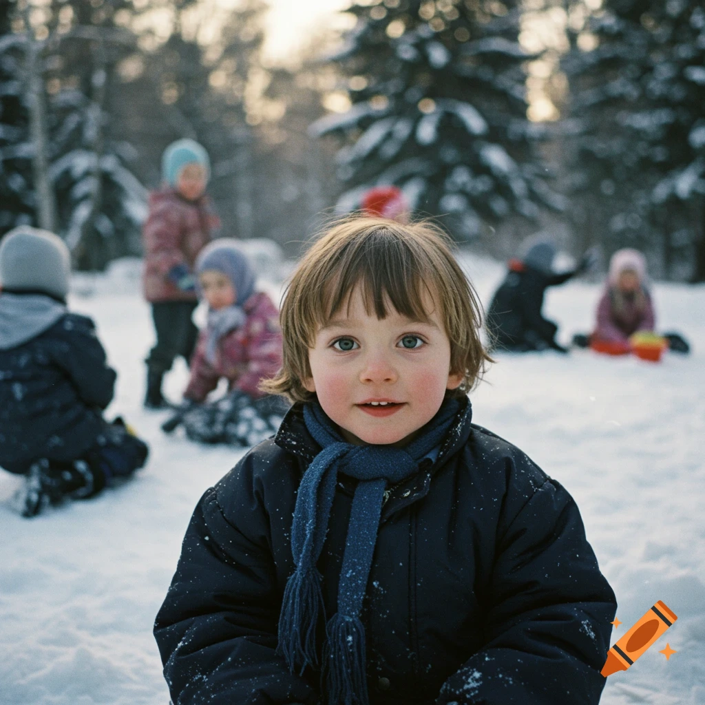 A close-up photo of a child in a blue scarf looking at the camera, with other children playing in the snow behind them, in a vintage Kodak style.