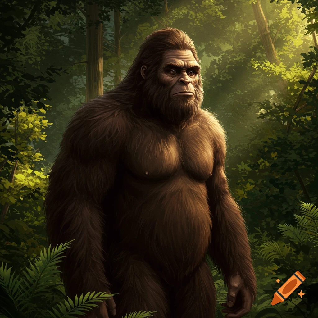 A realistic depiction of a Sasquatch standing in a forest.