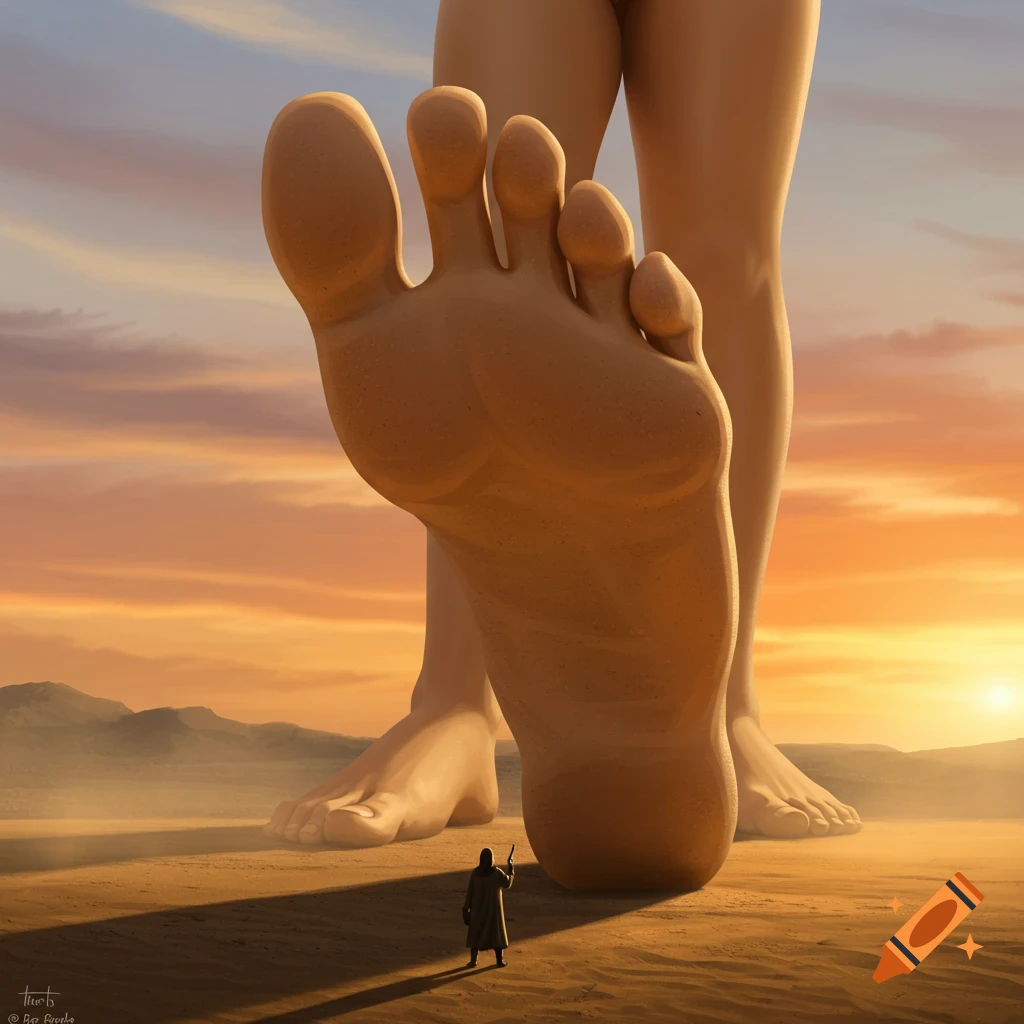 A giant bare foot looms over a small figure in a desert landscape at sunset.