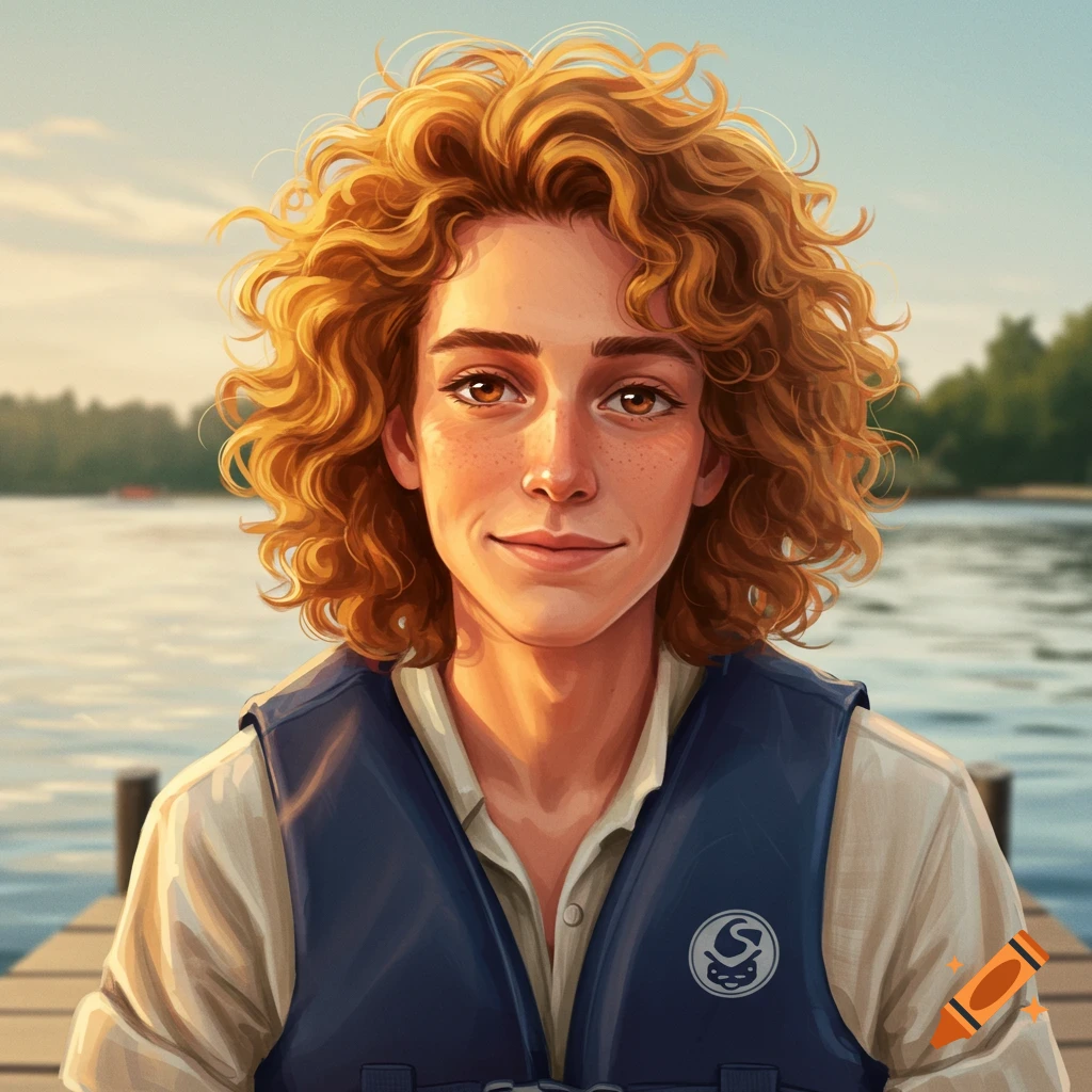 Portrait of a young person with curly hair wearing a life vest by a lake.