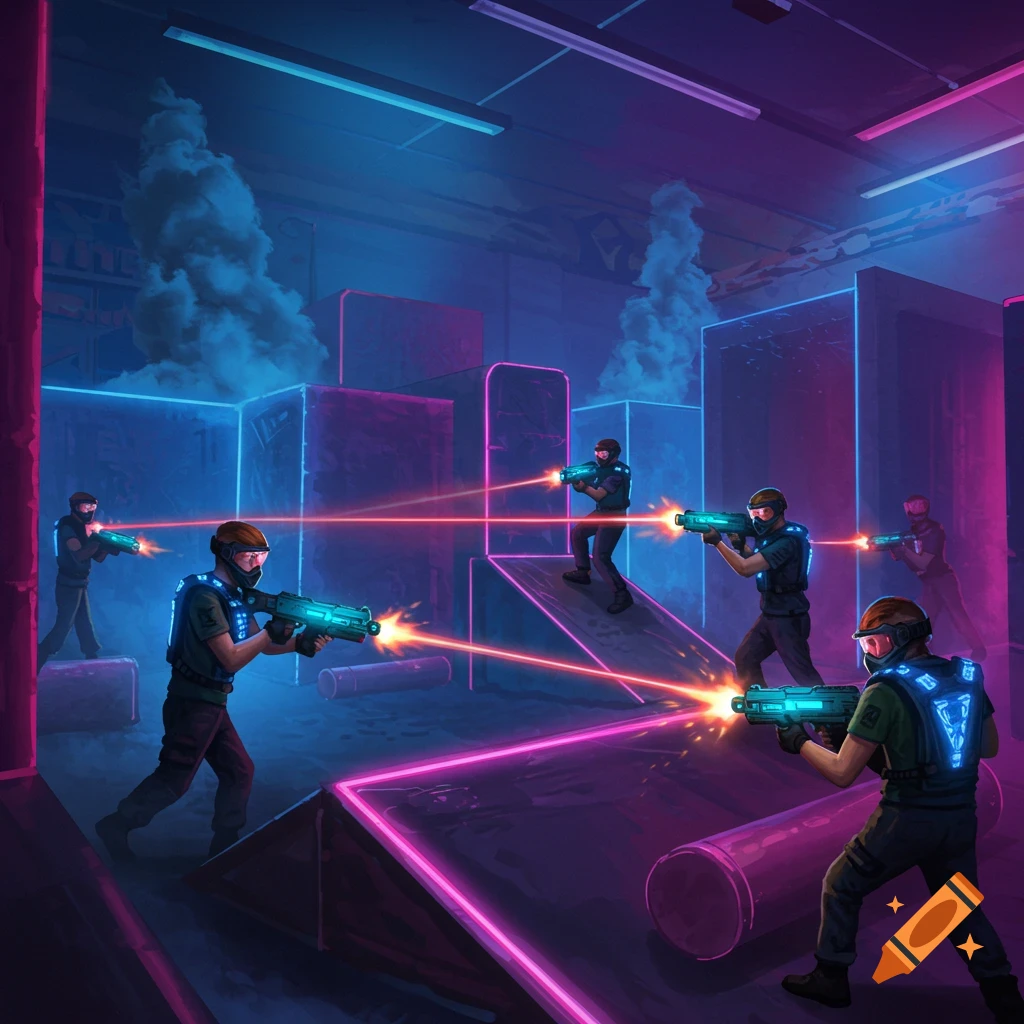 People are playing laser tag in a neon-lit arena with glowing obstacles and laser beams.