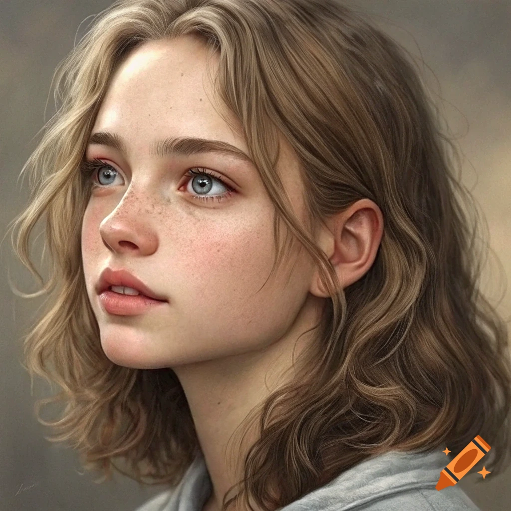 A close-up photorealistic portrait of a young person with freckles and blue eyes.