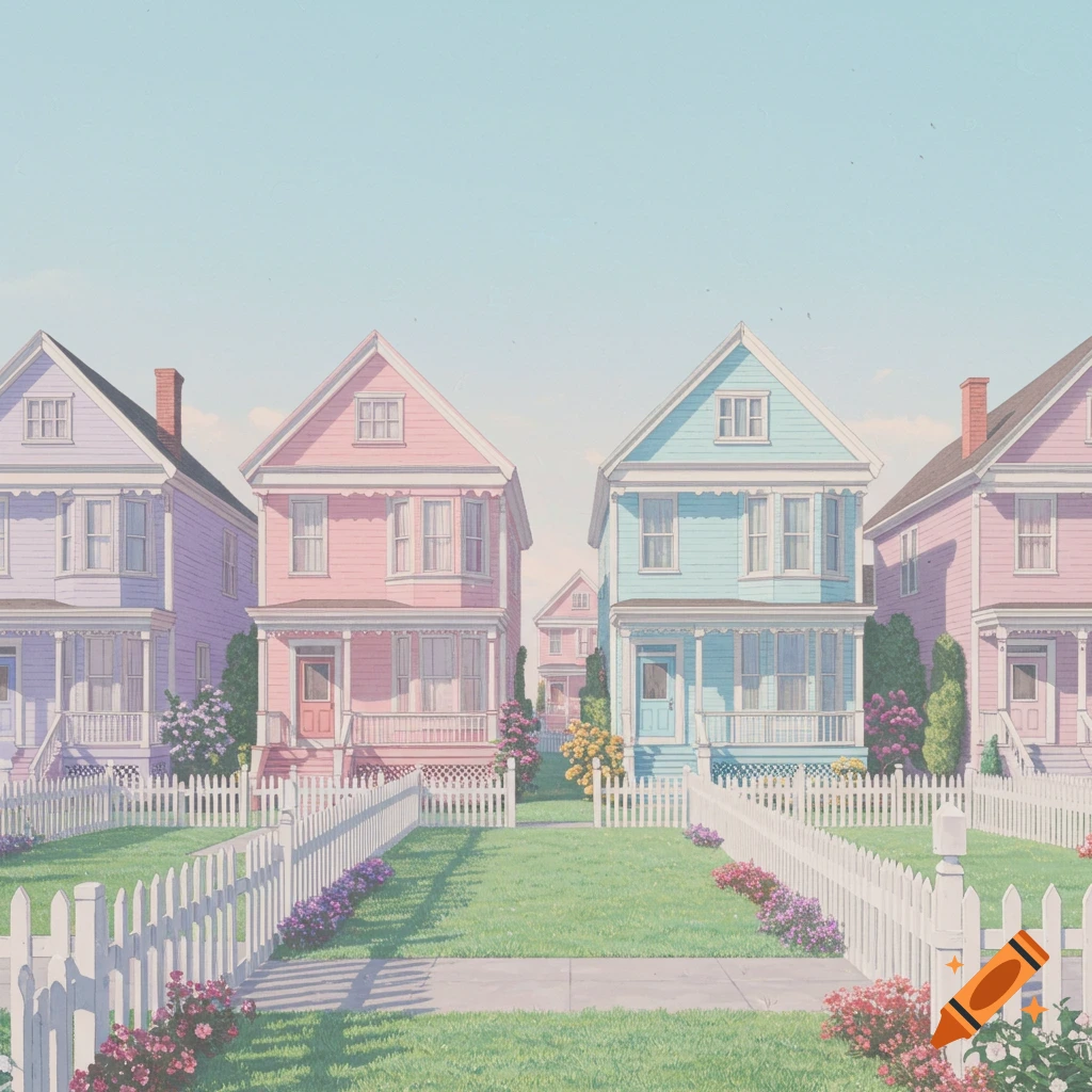 Row of pastel pink, purple, and blue Victorian houses with white picket fences and flower gardens.