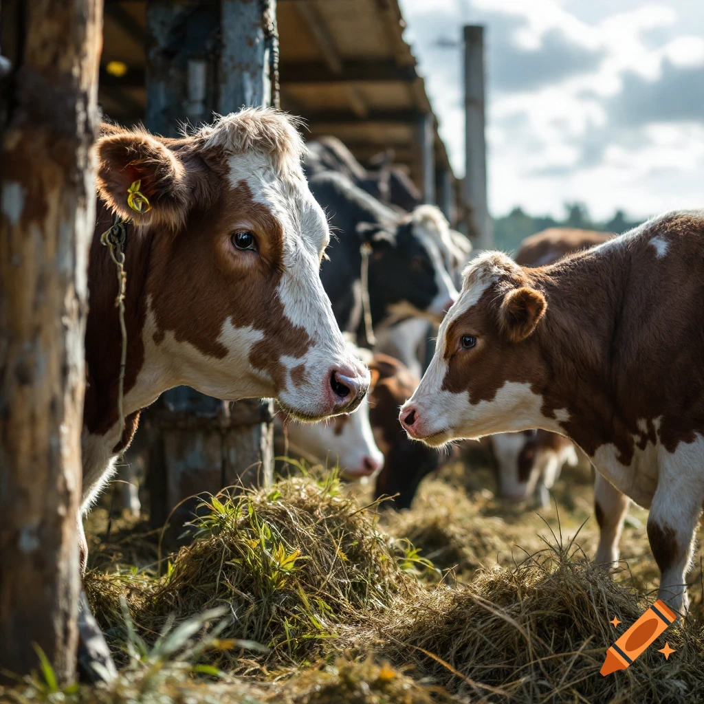 Two cows, one adult and one younger, stand in front of hay on a farm.
