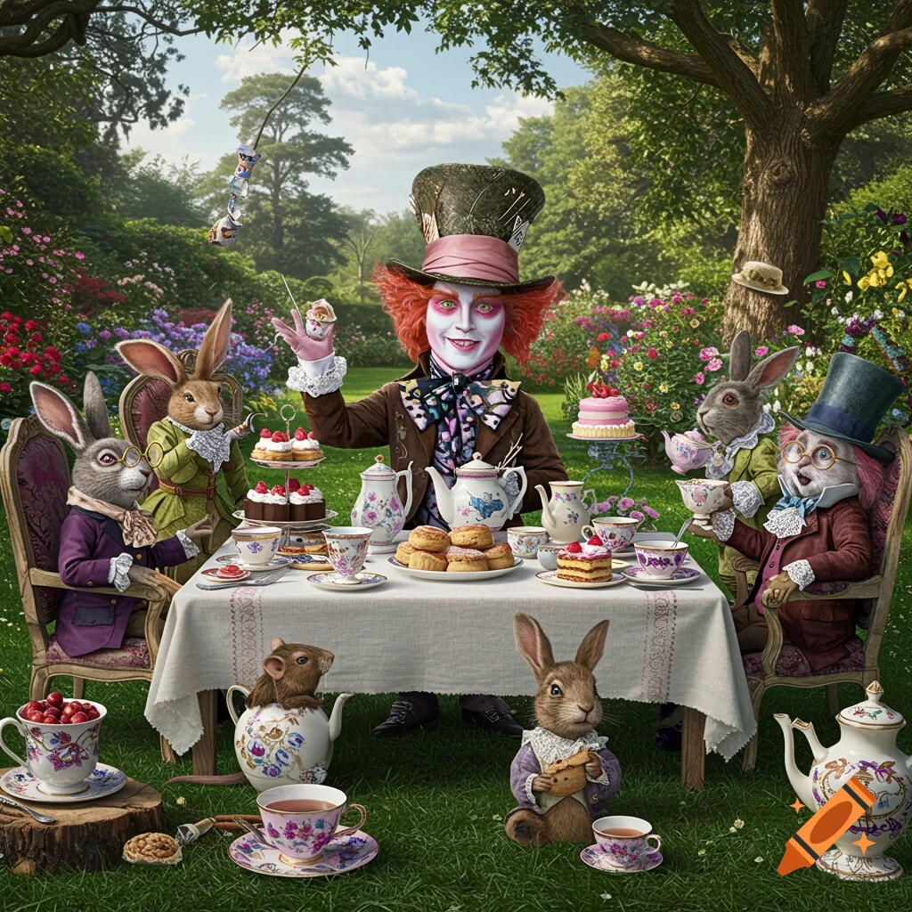 The Mad Hatter hosts a whimsical tea party in a garden with anthropomorphic animal guests, pastries, and tea.