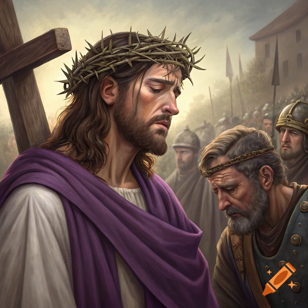 Jesus wearing crown of thorns and purple robe carries a cross, soldiers and crowd in background.