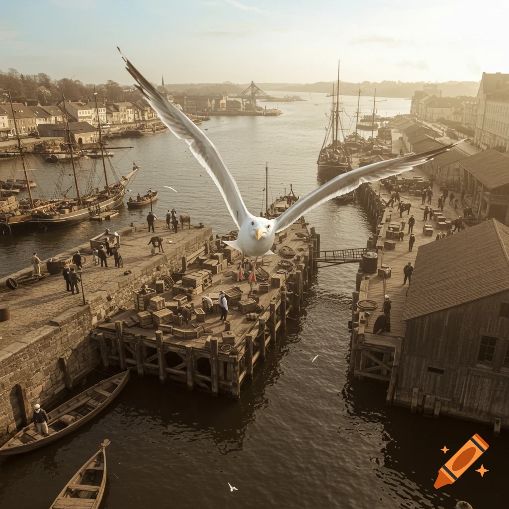 A seagull flies over a busy historical harbor scene with ships and people on the docks.