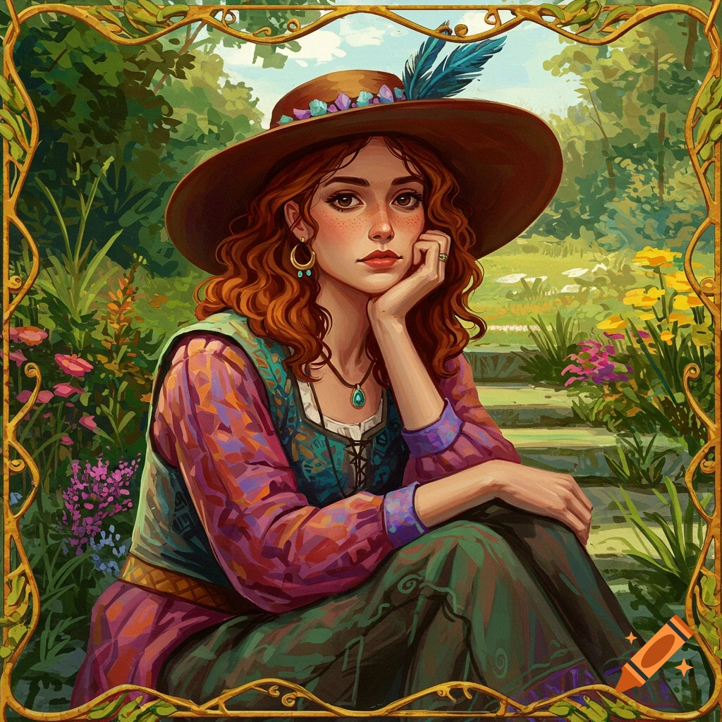 A woman with red hair and a hat sits in a garden