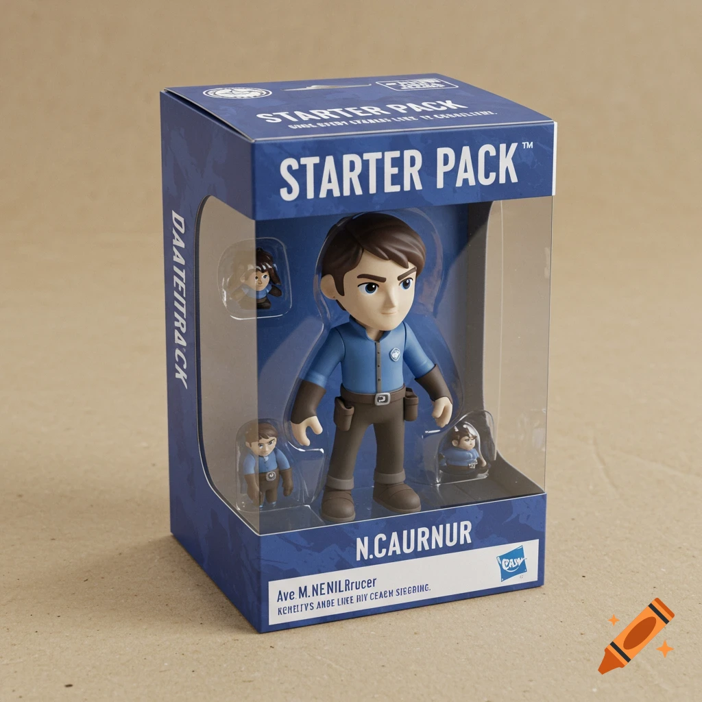 A stylized figurine in a blue starter pack box.
