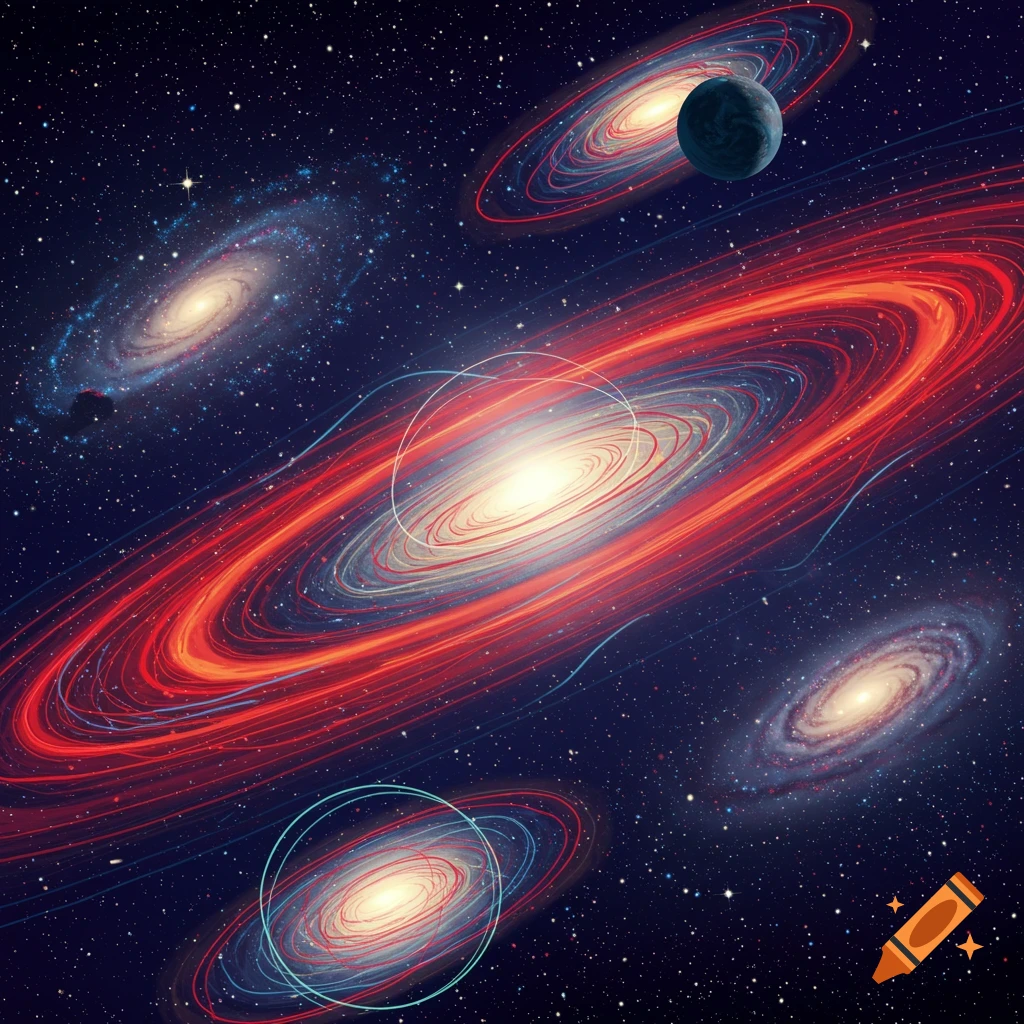 Digital illustration of multiple spiral galaxies and a planet in space, featuring prominent red and orange rings around the central galaxy.