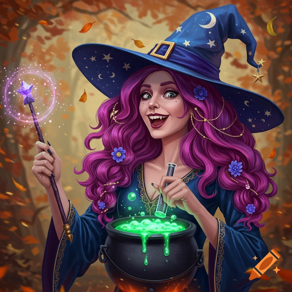A smiling witch with purple hair stirs a bubbling cauldron in an autumn forest.