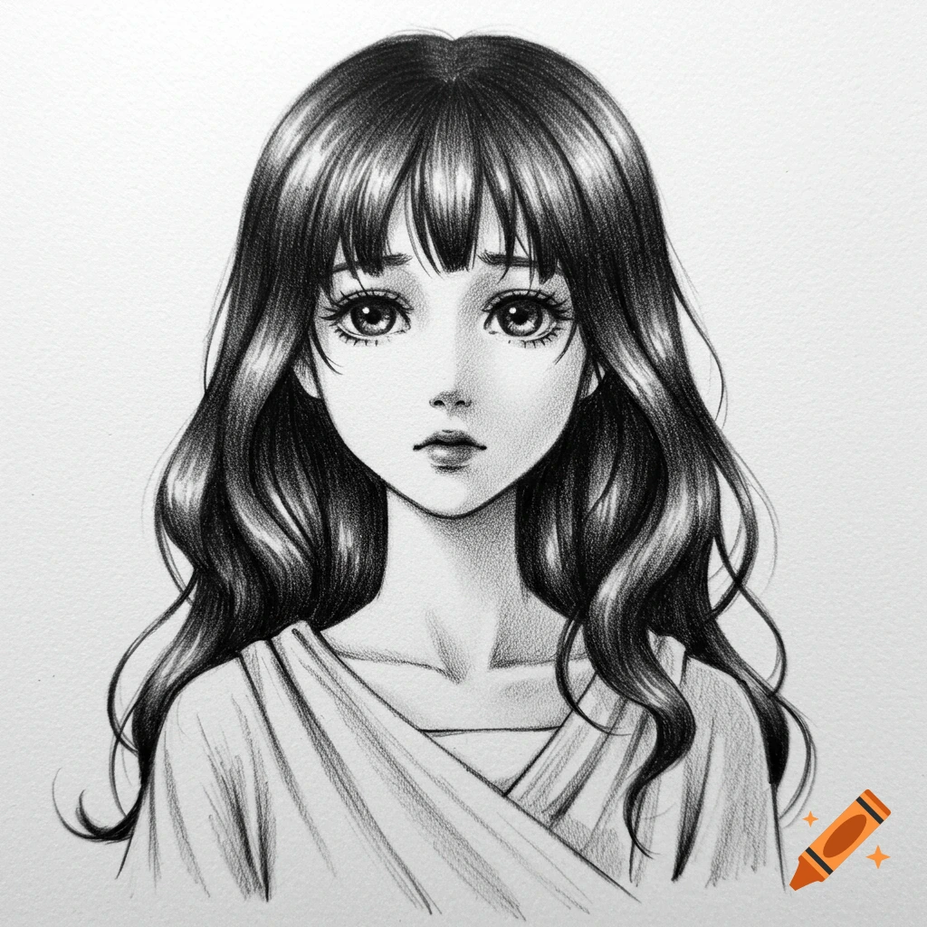 Black and white pencil sketch portrait of a girl with long dark hair.