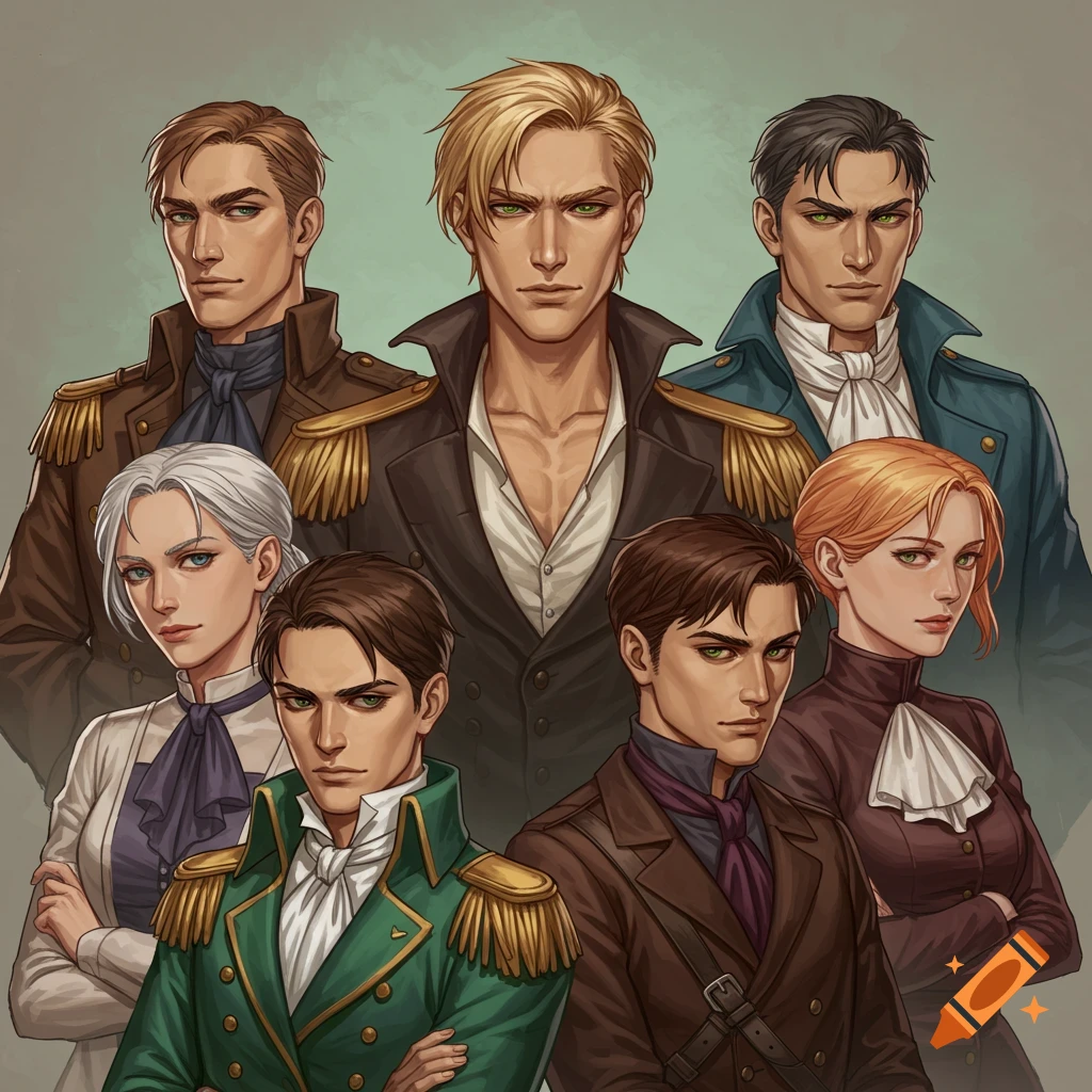 Digital illustration of six characters in historical or fantasy military-style attire.