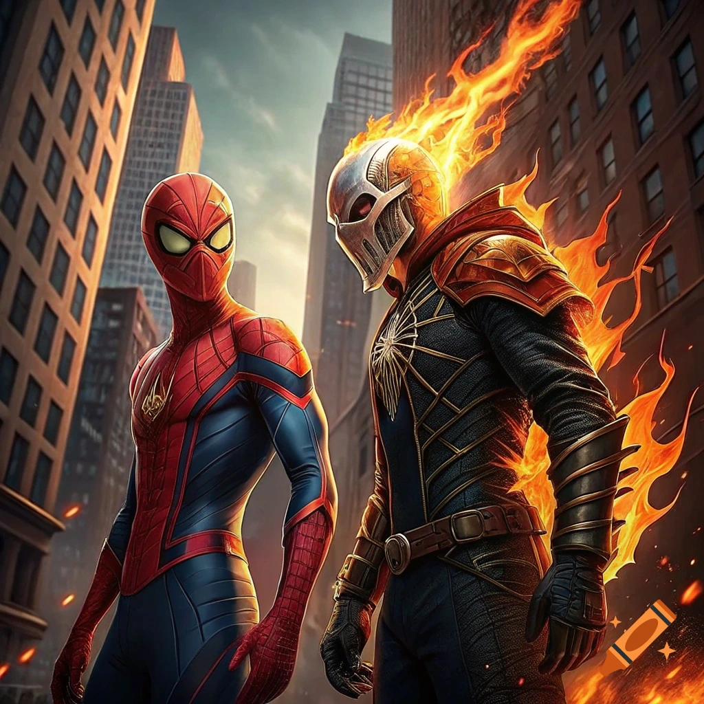 Spider-Man stands next to a character resembling Ghost Rider in a city.