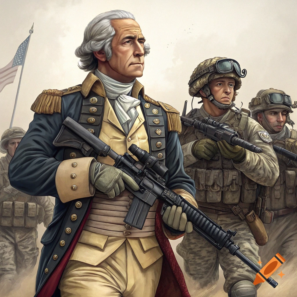George Washington holding a rifle stands with modern soldiers in a military illustration.