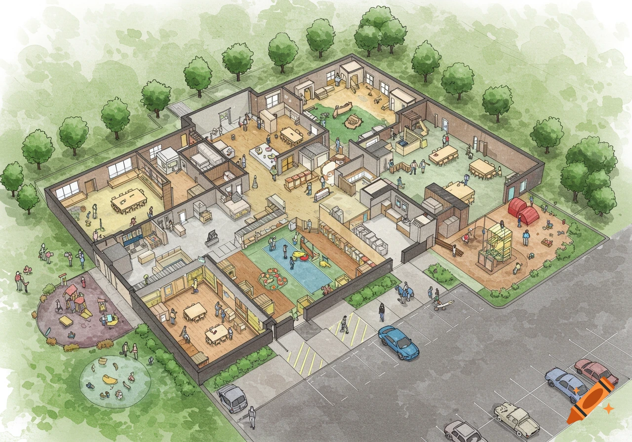 An illustrated floor plan of a children's center with labeled areas and outdoor playgrounds.