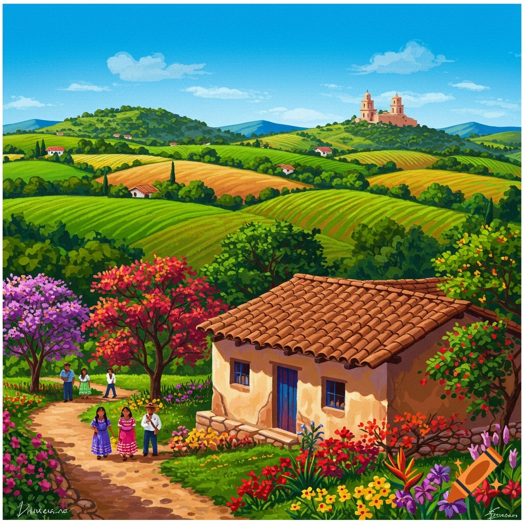 Vibrant scene of a rural landscape with rolling green and yellow fields, houses, flowering trees, and people walking on a path.