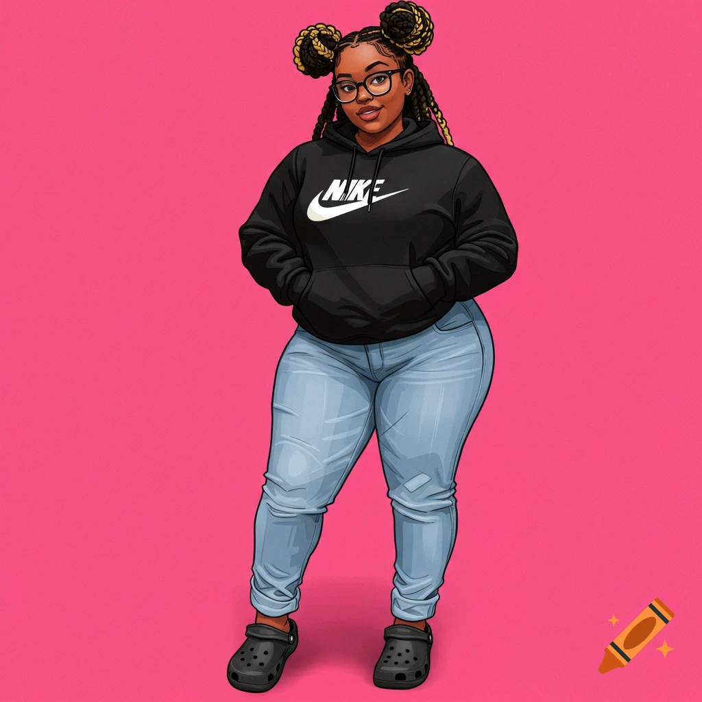 Digital art illustration of a person in a black Nike hoodie, jeans, and crocs on a pink background.