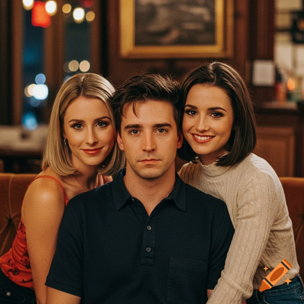 Three people, two women and a man, pose together on a couch. The women smile, one resting her arm on the man's shoulder. The man looks forward with a neutral expression.