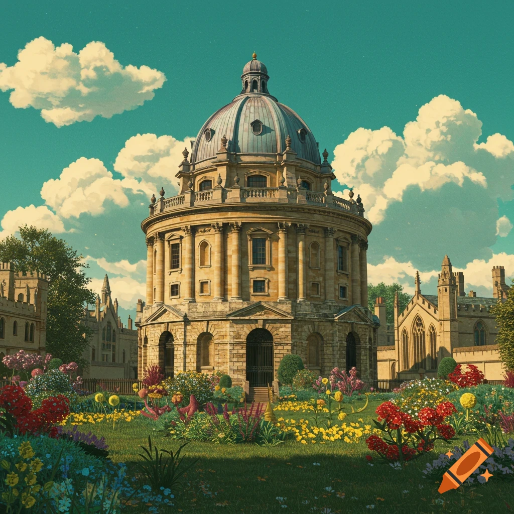 A ghibli-style illustration of the Radcliffe Camera building surrounded by colorful flowers.