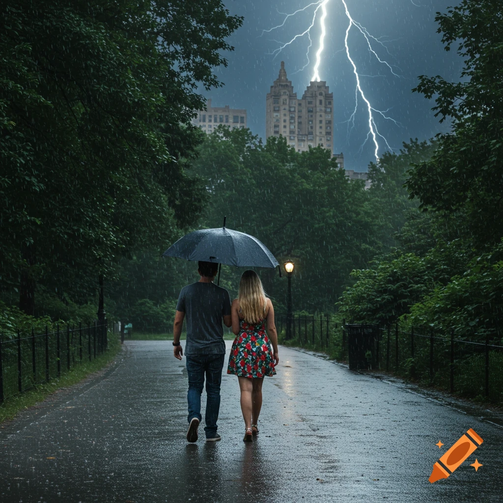 Photorealistic image of a couple under an umbrella walking in a park during a thunderstorm, lightning striking a building.