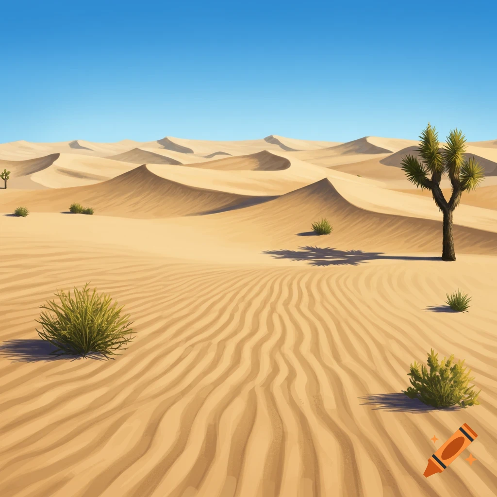 Image of sandy desert dunes with sparse vegetation and a clear blue sky.