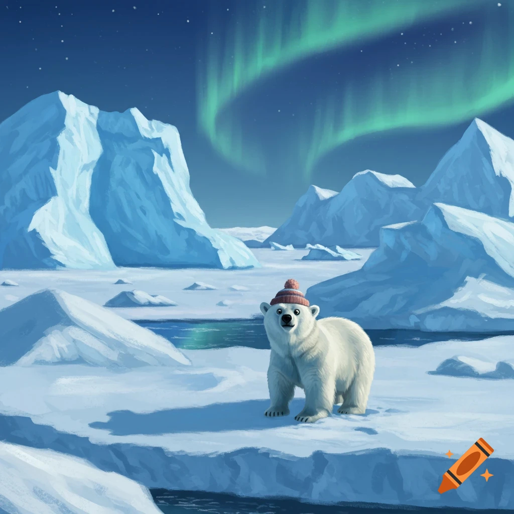A polar bear wearing a hat in an arctic landscape under the aurora borealis.